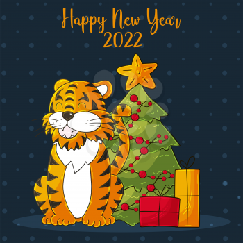Symbol of 2022. Blue square New Year card in hand draw style. Christmas tree, gifts, tiger. Year of the tiger 2022. Cartoon illustration for cards, calendars
