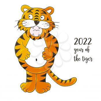 Symbol of 2022. Vector illustration with tiger in hand draw style. New Year 2022. Cheerful tiger, stands and holds on to his stomach. Cartoon animal