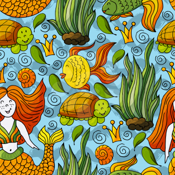 Vector illustration, ocean, underwater world, marine clipart. Seamless pattern for cards, flyers, banners, fabrics. Crown fish mermaid algae blue waves