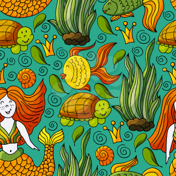 Vector illustration, ocean, underwater world, marine clipart. Seamless pattern for cards, flyers, banners, fabrics. Crown, fish, mermaid, seaweed on a green background