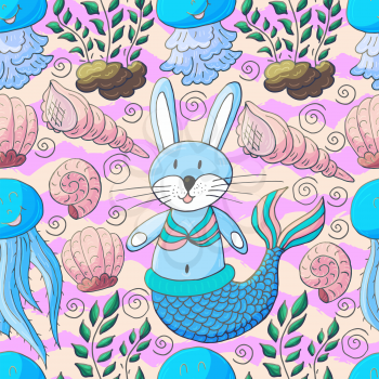 Vector illustration, ocean, underwater world, marine clipart. Seamless pattern for cards, flyers, banners, fabrics. Bunny mermaid, algae jellyfish shells pink waves
