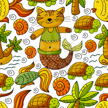 Vector illustration, ocean, underwater world, marine clipart. Seamless pattern for cards, flyers, banners, fabrics. Cat mermaid, fish, turtle palm trees on a white background