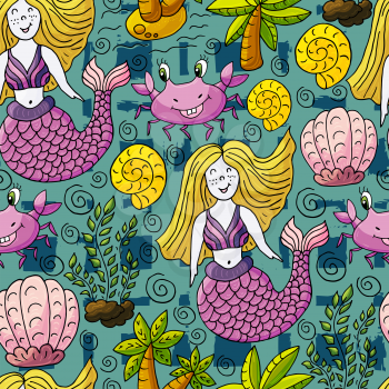 Vector illustration, ocean, underwater world, marine clipart. Seamless pattern for cards, flyers, banners, fabrics. Crab, palm mermaid shells on a green background