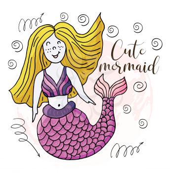 Vector illustration of a fabulous mermaid. Cartoon character for cards, banners, children's books. Seaweed, corals, shells. Cute