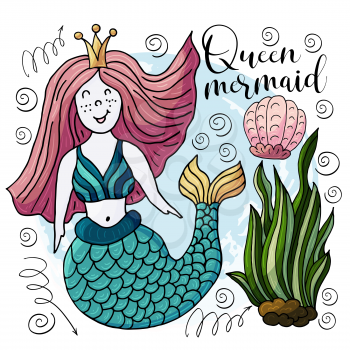 Vector illustration of a fabulous mermaid. Cartoon character for cards, banners, children's books. Seaweed, corals, shells. Queen mermaid