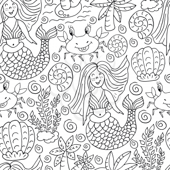 Vector Seamless pattern in hand draw style. Liner illustration. Pattern, background on the marine theme. Mermaid, seashells, crab