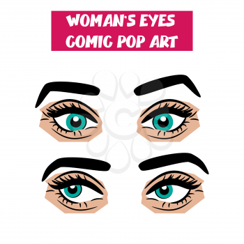 Beautiful sexy girl blue eyes with long eyelashes, eyebrows. Emotional look style pop art. Comic book retro white background. Vector woman comic cartoon illustration. Body part.