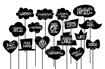 Doodle comic speech bubble black vector. Props label photo on weddings featuring cute and funny phrases isolated on white background.