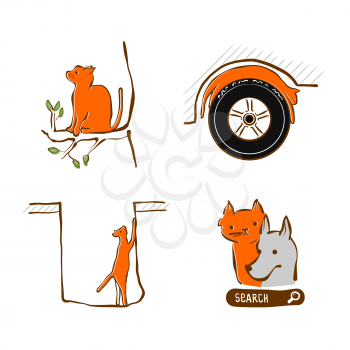 Vector illustration design for pet rescue service. Cat stuck at tree, in hole sleeping on wheel a car. Set of pictograms - trouble with domestic cat. Care and help animal in trouble.