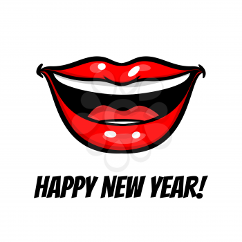 Happy New Year wishes red woman smile lips in pop art style isolated on white background. Cartoon girl make up vector illustration. Sexy pop art lips sticker with. Holiday greetings.
