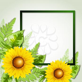 Summer background with green leaves and sunflowers. Summer card with place for text. Vector illustration.