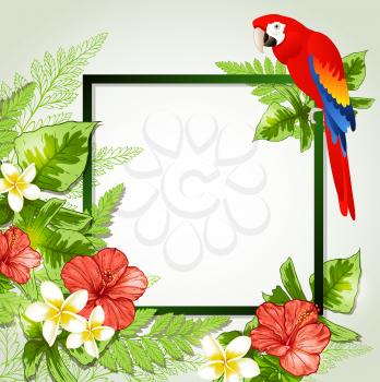 Summer background with red tropical flowers and parrot. Decorative summer floral frame with place for text.