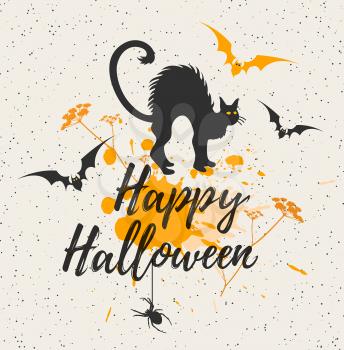 Halloween background with black cat. Happy Halloween lettering. Vector illustration.