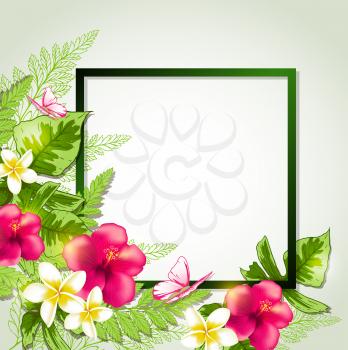 Summer frame with red tropical flowers, butterflies and leaves. Vector illustration.