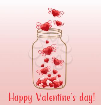 Red hearts with wings flying from the glass jar. Greeting card for Saint Valentine's day. Hand drawn vector illustration.