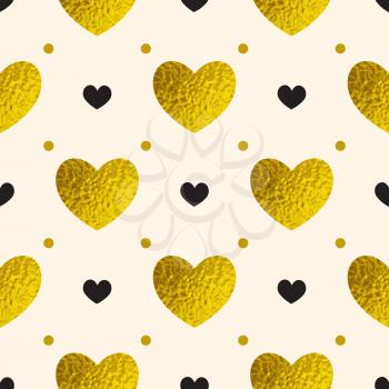 Decorative festive seamless pattern with golden and black hearts. Vector background for Valentine's day