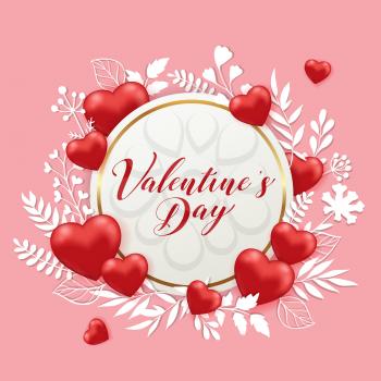 Red hearts, white paper cut flowers and round banner on a pink background. Greeting card for Saint Valentine's day. Vector illustration.