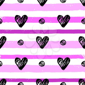 Decorative festive seamless pattern with black hearts and pink lines. Vector background for Valentine's day