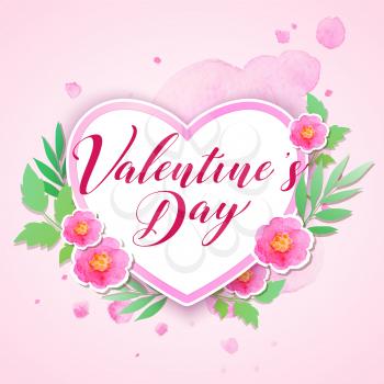 Watercolor pink flowers and green leaves on a pink background. Greeting card for Saint Valentine's day with heart. Vector illustration.