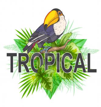 Green triangle with palm leaves and toucan bird on a white background. Tropical summer background.
