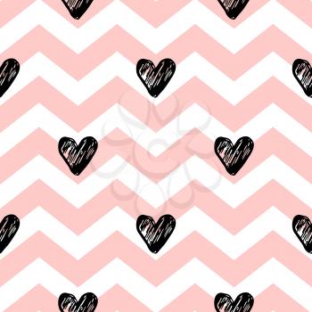 Vector chevron seamless pattern. Pink lines and black hearts on a white background. Design for Valentine's day