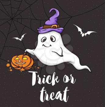 Halloween greeting card with cute little ghost in a violet hat. Trick or treat lettering. Vector illustration. 
