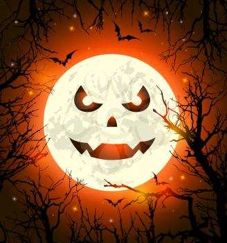 Halloween greeting card with scary face on the Moon, bats and silhouette of tree. Vector illustration