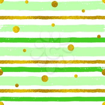 Vector abstract striped seamless pattern with golden circles. Decorative grunge background with green and golden strips 