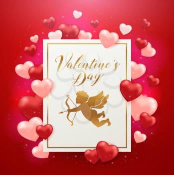 Saint Valentine's day greeting card with hearts on a red background. Golden glittering frame with lettering and cupid. Vector illustration.
