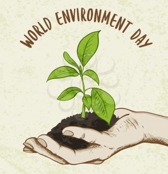 Background with green plant in human hand. Ecology concept for world environment day.