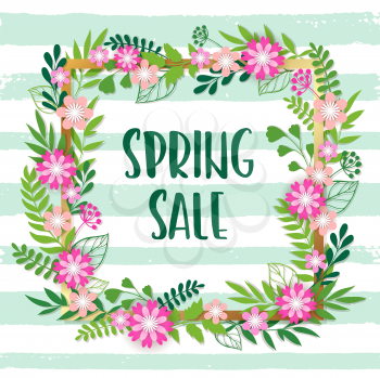 Floral background for seasonal spring sale with green leaves and pink flowers. Vector illustration