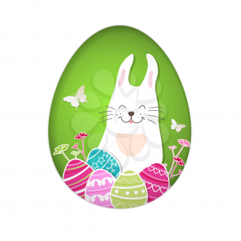 Decorative paper Easter card with eggs, rabbit and spring flowers on a green background. Vector illustration. 