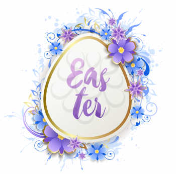 Decorative Easter egg and blue flowers. Festive background. Vector illustration. Holiday greeting card.