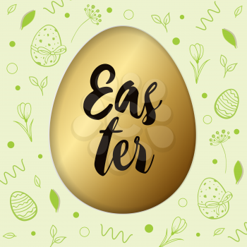 Decorative cut out of paper green Easter card with golden egg and lettering. Vector illustration.