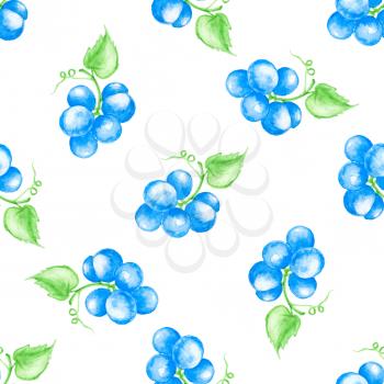 Watercolor summer seamless pattern with blue grapes on a white background