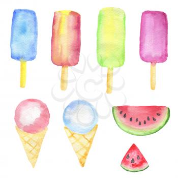 Watercolor summer sweet food. Ice cream and slices of watermelon isolated on a white background