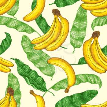 Hand drawn tropical seamless pattern with yellow bananas and green banana leaves. Vector background