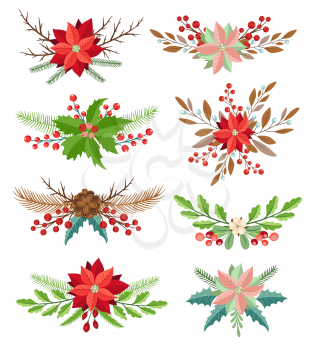 Set of decorative vector winter floral elements. Bouquets for Christmas and new year design 