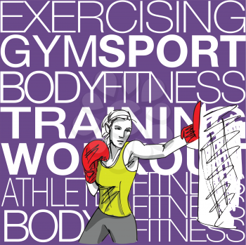 Illustration of woman with boxing gloves at workout, at gym