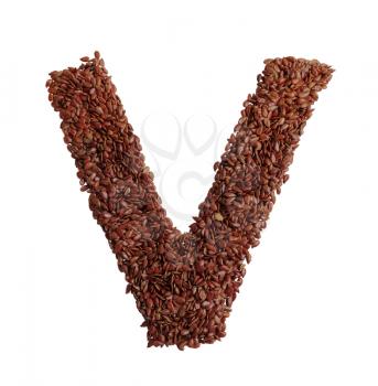 Letter V made with Linseed also known as flaxseed isolated on white background. Clipping Path included