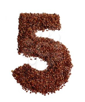 Number 5 made with Linseed also known as flaxseed isolated on white background. Clipping Path included