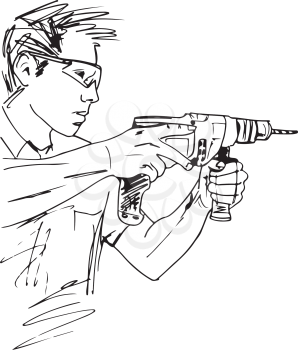Sketch of manual worker with electric drill vector illustration