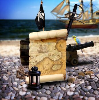 Pirate ambiance with map, cannon, treasure, lantern, and parrot on the bank of an empty pebble beach. In the background is pirate schooner.