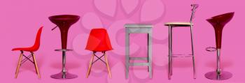 A small selection of several different chairs for the home, office or bar on a light pink background