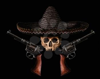 Skull in a traditional wide-brimmed Mexican hat with two revolvers on a dark background