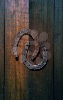two horseshoes are very old and rusty and relatively new lying on a dark wooden background