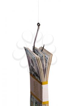 a large bundle of hundred-dollar bills in bank packaging suspended on a fishing hook as a bait on a light background