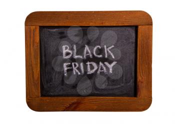 Black chalk board with wooden frame and black friday discount inscription isolated on white background