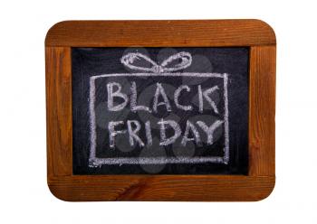 Black chalk board with wooden frame and black friday discount inscription isolated on white background