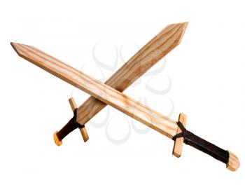 Two wooden rough children's swords imitate fencing isolated on a white background